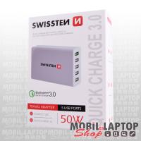 Hálózati töltő univerzális 50W 5 USB adapter Quick Charge 3.0 gyorstöltés támogatás fehér SWISSTEN
