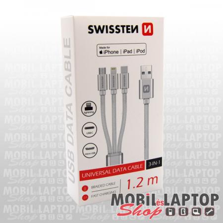 Adatkábel univerzális 3in1 Lightning/ Micro USB / USB Type-C szövethálós 1,2m ezüst SWISSTEN