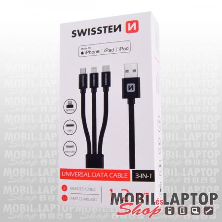 Adatkábel univerzális 3in1 Lightning/ Micro USB / USB Type-C szövethálós 1,2m fekete SWISSTEN
