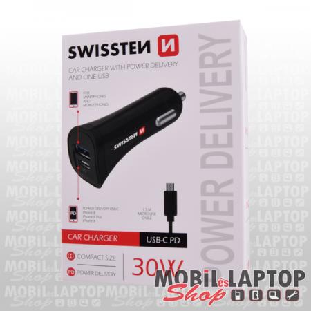Autós töltő 1xUSB 1xType-C Micro USB kábellel 2,4A Quick Charge 3.0 gyorstöltés fekete SWISSTEN