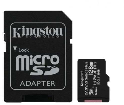 Kingston 128GB SD micro Canvas Select Plus (SDXC Class 10 A1) (SDCS2/128GB) memória kártya adapterre