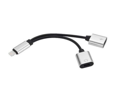 Apple iPhone 7 / 8 / X. lightning - 2x lightning elosztó adapter ezüst/fekete