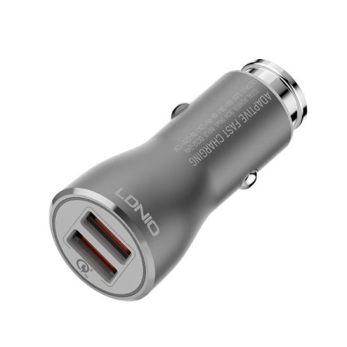 LDNIO prémium fémházas szivar töltő 2,4A, 2X USB, ezüst, micro USB adatkábellel