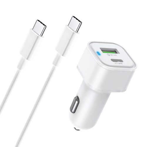 Autós töltő univerzális 48W (Type-C PD 30W + USB QC 3.0 18W), Type-C - Type-C kábel 1m fehér STURDO