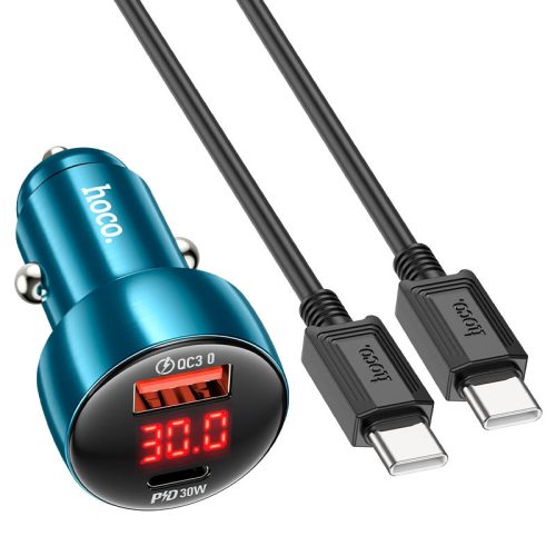 Autós töltő USB + Type-C, PD+ QC 3.0, Type-C - Type-C kábellel 48W kék hoco. Z50