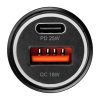 Autós töltő Type-C 25W PD + USB Quick charge 3.0 Type-C - Type-C kábellel fekete BLUE STAR